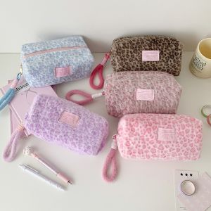 COUPLECOL with Lanyard Leopard Plush Stationery Bag Plush Pen Bag Leopard Print Pencil Pouch Makeup Cosmetic Storage Love Heart Korean Leopard Pencil Case Stationery Holder