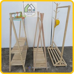 Kệ Đa Năng Kết Hợp Móc Treo Quần Áo Gỗ Tự Nhiên Hình Chữ A