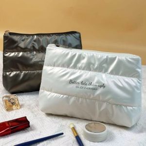 MAJESTI Large Capacity Makeup Bag Zipper Pouch Shiny Fluffy Toiletries Skincare Storage Bag Quilted Puffer Cosmetic Bag Women