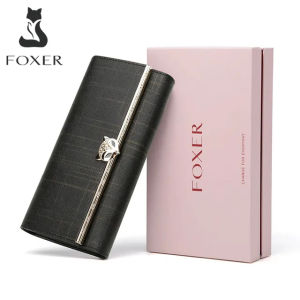 FOXER Dompet panjang Dompet kulit asli Dompet tiga lipat multifungsi berkapasitas besar