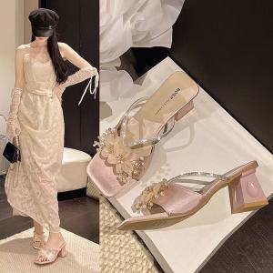 French Sweet Diamond Flower Decoration Square Open-toe Slip Ons Slippers Match Skirt Women Pink High Heels Mules Wedding Pumps
