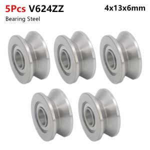 JACAUY 1/5Pcs Carbon Steel Bearing Steel Pulley Bearing U Groove V Groove U624ZZ V624ZZ Ball Bearing Durable Sealed Ball Guide Track Roller Bearing for Rail Track Linear Motion Systems