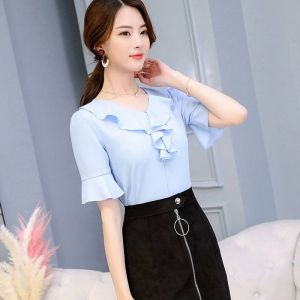Herstore Chiffon Shirt Short Sleeved Summer Korean Version V-Neck Slim Fit Casual Versatile Large Flared Sleeve Top for Women
