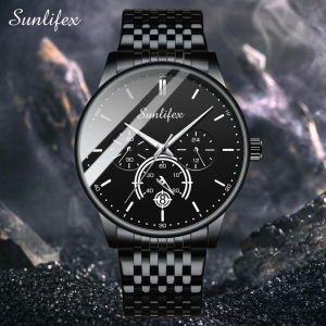 SUNLIFEX Jam Tangan Pria Calendar Bercahaya Bisnis Tali Stainless Steel Jam Tangan Cowok Free Box