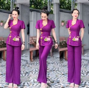 Sét bộ bà ba đi chùa thêu hoa sen quần dài ống suông. Mã BA55