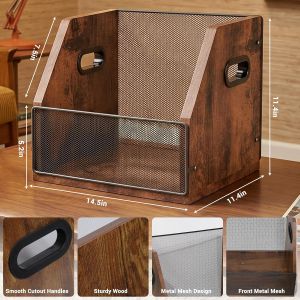 Vinyl Storage Wood Metal Desktop Organizer Desk File Organizer Magazine Rack Vertical Document Holder with Handle Vintage Office Paper Storage Box for Home Office School