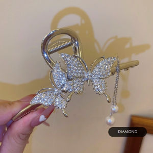 Jepit Rambut Korea Bahan Alloy 11.3cm Motif Kupu Kupu Jurai Mutiara Jedai Logam Rumbai HCM012