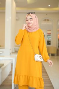 ENHA ONE SET LONG TUNIK RAYON CRINKLE PREMIUM/ SETELAN WANITA MUSLIMAH KEKINIAN RUFFLE AIRFLOW