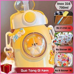 Bình nước giữ nhiệt trẻ em đi học INOX 316 700ml dễ thương đáng yêu cute có dây đeo tặng kèm sticker 2D 3D bộ rửa bình BBG0715