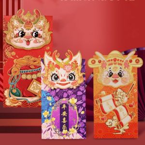 ANGCHI 3Pcs/set 3D Zodiac Dragon Red Pocket Chinese Style Cartoon Alien Dragon Red Envelope Good Luck Alien Dragon Design Lucky Envelope Bag Spring Festival