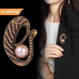 【PCWFKef】 Retro Lá Ngọc Trai Trâm Pin Với Nhúng Kim Cương Thanh Lịch Thời Trang Trang Sức Phụ Kiện Pin Trâm