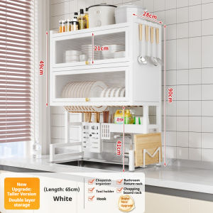 2Layers Metal Dish Cabinet Rack Dustproof Over Sink Rack With Cabinet Door Multi-functional Plate Drying Storage Kitchen Organizer