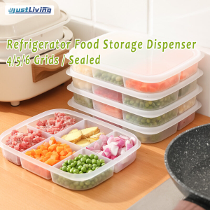 JustLiving 5/6 Grids Sealed Refrigerator Storage Box Microwaveable Food Grade PP Food Storage Box Large Capacity Fridge Clear Vegetable Meat Dispenser Organizer Refrigerator Cooking Garlic Seasoning Dry Goods Container