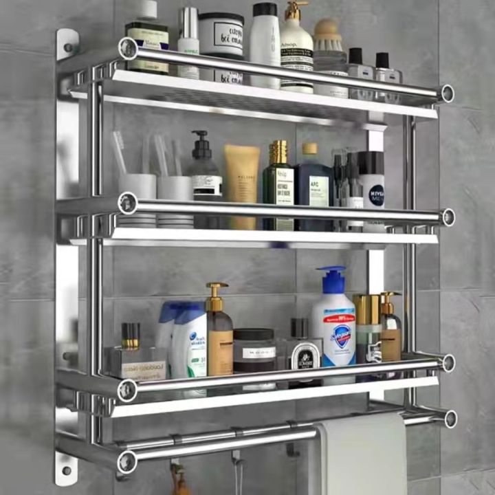 3 Layer Bathroom Organizer Rack Stainless Steel Towel Shelf With Hooks ...