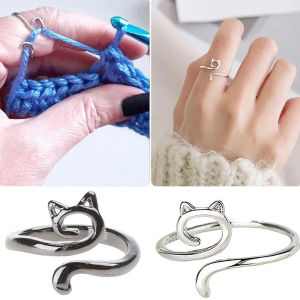 [tianjunmaoyi] Adjustable Size Yarn Ring Cat Ears Crochet Ring Beginner Knitting Crocheting Loop Thread Wrapped Rings Tension Regulator Tool
