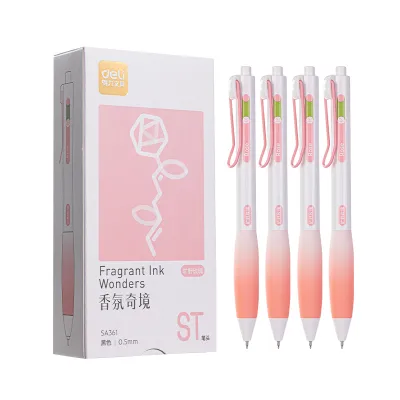 Deli 12Pcs Scented Ballpen Press Gel Pen 0 .5mm head black Ink ST Head 1Pc（Long-lasting Fragrance）