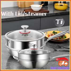 SG In Stock Non-Stick Uncoated Titanium Steamer Frying Pan With Lid fits all Stovetops including induction