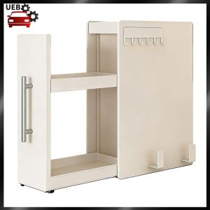 [Ueb Wholesale Mall] Kitchen Narrow Seasoning Rack with Handle & Hooks Condiment Storage Spice Shelf for Bathroom Under Sink and Coffee Bar