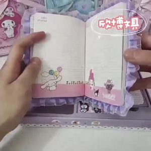 Kawaii Sanrio Kuromi Cinnamoroll Melody Stationary Set Students Back to School Gift  Notebook Acrylic Gel pen Sticker Tape Badge Book clip Notepad birthday gift