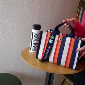 LJVersatile Japanese Style Striped Canvas Handbag Large Capacity A4 File Document Bag Bento Fashion Adjustable Crossbody Bag