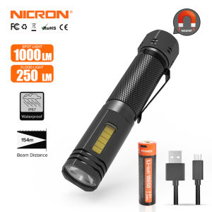 Đèn pin LED NICRON Đèn pin LED kép Đèn pin COB WL81 Đèn pin có thể sạc lại 1000 lumens Đèn LED phía trước & 500 lumens Độ sáng COB IP67 chống thấm nước cho hội thảo gia đình cắm trại ngoài trời