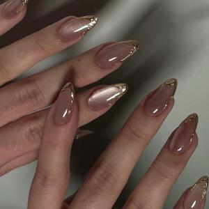 Almond Press on Nail Cats Eye Fake Nail Glitters Designs Full Cover Glues on Nail Glossy Acrylic Nail Artificial Nail