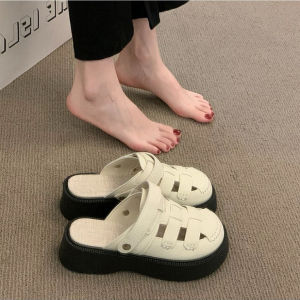 [Free Shipping] Two-Wear Hollow-Out Toe-Cap Sandals For Women 2025 Summer New Style Perforated Roman Sandals Thick-Soled Half-Slipper Sandals For Outdoor Wear
