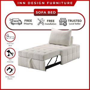 INNDESIGN  LILY Pouf Pullout Sofa / Pull Out Bed / Boucle Fabric / Single Size Pullout Sofa Bed