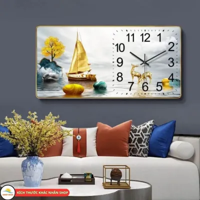 Đồng hồ Treo tường Phòng Khách Phong Thuỷ Tráng gương Decor Tranh Thuận buồm xuôi gió mã đá làm quà Tặng tân gia