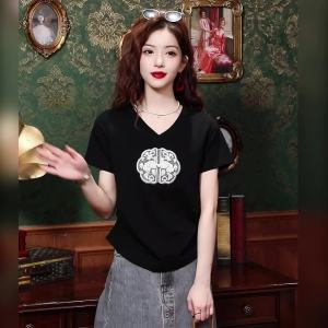 Ammin 2024 mùa hè mới Trung Quốc v-cổ thời trang định vị Khóa đĩa thêu hoa nguyên chất cotton áo thun nữ phong cách Trung Quốc ngắn tay thường ngày Áo Blouse thanh lịch