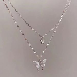Fashion Charm Rhinestone Butterfly Double Chain Necklace Multi Layer Zircon Butterfly Pendant