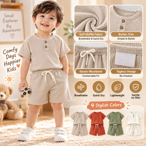 AILEBE Kids Sets Terno Waffle Quick Dry Breathable Tagless Label Elastic Waistband Anti-Pilling Daily Wear School Outing OOTD For 6m-4y Boys