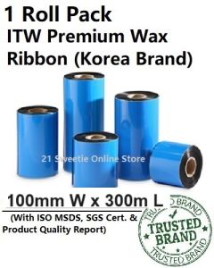 [1 roll] ITW Wax Ribbon 100x300m Premium Thermal Transfer  B220 S20 100x300 Korea Brand TTR for Barcode Printer Label Sticker Tag Print 1 Inch Core Inked Side Face Wound Out ISO Quality Proven Original Carbon Ribbon 高级蜡基碳带
