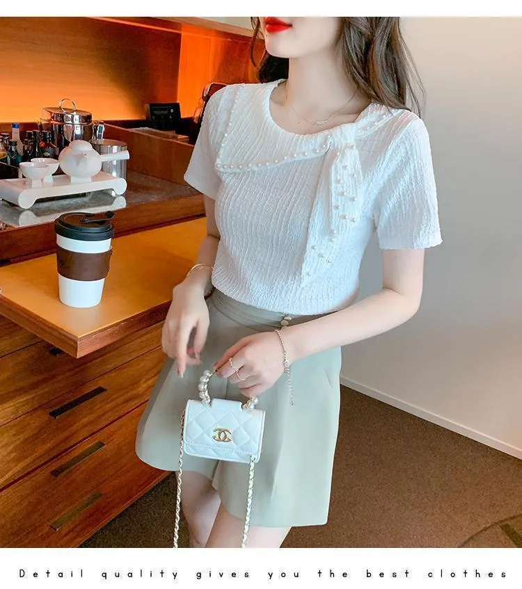 Chiffon Blouse Women Short Sleeve Korean Tops Summer Fashion Slim White Top  New