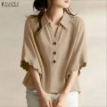 ZANZEA Korean Style Women Office Half Sleeve Wave Edge Blouses Shirt Collar Solid Color Work Top #0104. 