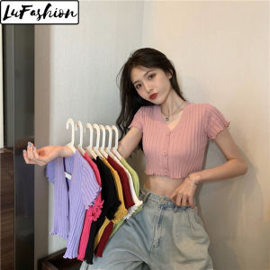 LuFashion Crop Tops for Women Knit Korean Style V-neck Summer Short Sleeve Casual T-Shirts