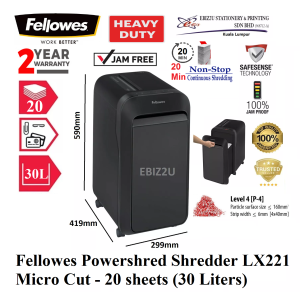 Fellowes Powershred Shredder LX221 (Micro Cut) 2 x 12mm - 20 sheets (30 Liters) (20 mins Non Stop Micro Cut Paper Shredder Shredder Machine Office Shredder  Heavy Duty Shredder Mesin Penghancur Kertas Mesin Perincih)