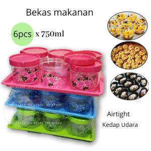 6pcs Set Balang Kuih Bekas Hidangan Lauk Raya 750ml Food Storage Container Cookies Canister Airtight with Tray Plastik Kedap Udara