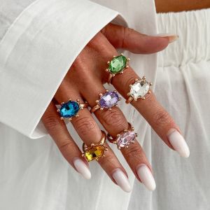 VBBN Shiny Oval Shape Rhinestone Ring Multicolor Stackable Candy Color Statement Ring Elegant Hypoallergenic Finger Ring For Women