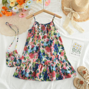 Bear Leader Monet Garden Oil Painting Style Baby Girls Dress 2024 New Summer Fly Sleeve Floral Vest Dress for 2-7 Years Old
