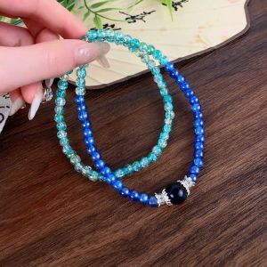 New Chinese retro aquamarine clear green three circles stacked bracelet round bead elastic rope versatile high value gradual change bracelet