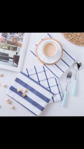 AMK Decor Kitchen Tools Blue White Striped Table Cloth Simple Style Cotton Linen Cover Cloth Coaster Napkin Home