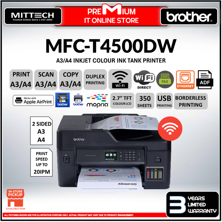 Brother MFC-T4500DW A3 A4 All in One Wireless Colour Ink Tank Inkjet ...