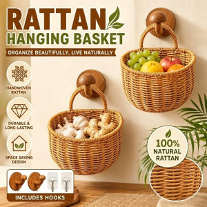 Woven Rattan Hanging Basket Wall Storage Organizer Kitchen Garlic Ginger Onion Produce Holder
