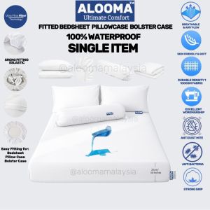 ALOOMA Waterproof Plain Premium Fitted Bedsheet / Pillowcase / Bolster Case Lembut Sejuk Selesa Washable Breathable Easy Care Anti Dust Mite Composite TPU Noise Free Single/Super Single/Queen/King
