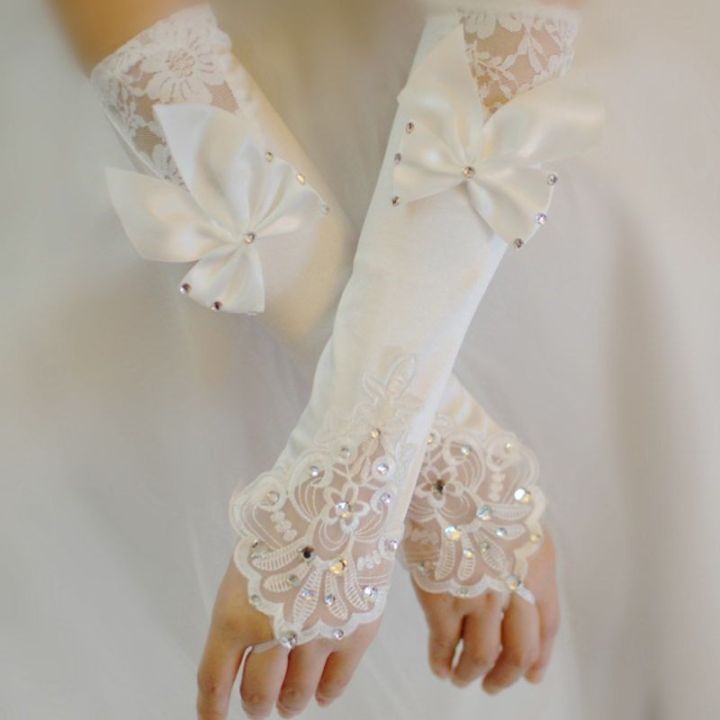 Women Bridal Long Gloves Fingerless Floral Lace Patchwork Mittens Glitter  Rhinestone Big Bowknot Elbow Length Hook Finger Warmer Wedding Party