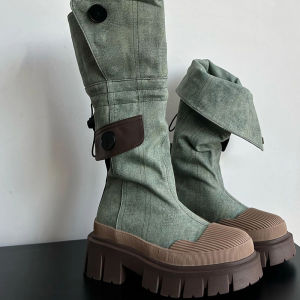 2024 New Thick Bottom Denim Mountaineering Long Boots Female High-Heeled High Top Western Cowboy Boot High Leg Boot Knight Boots Women