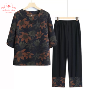 Đồ bộ cho mẹ mặc nhà Bộ vải Lụa Pháp trung niên nữ cho mẹ tay ngắn quần đen ống nhỏ phối. NP01