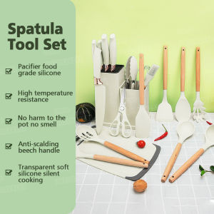 19PCS Kitchen Wares and Utensils Silicone  Utensils  Silicone Cooking Spatula Japanese Chefs Knife Set Cutlery Storage