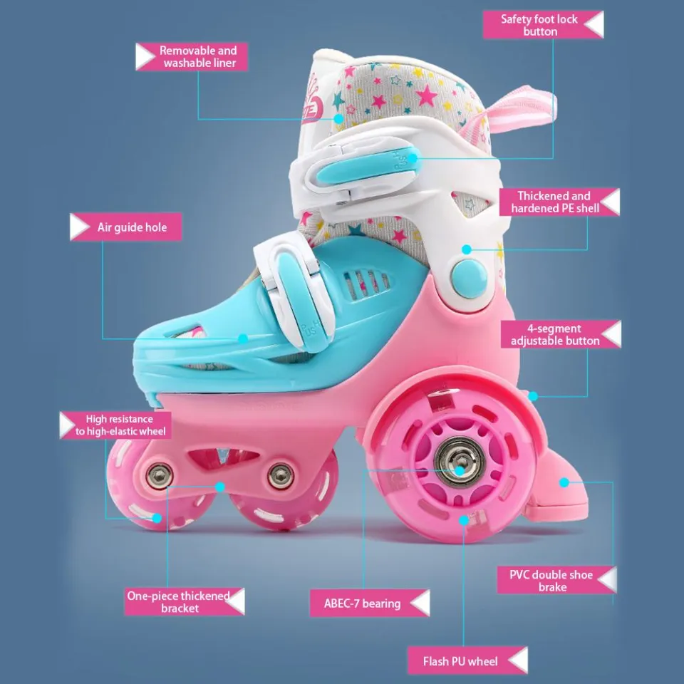 Ready Stock) Kids Quad Roller Skate Roller Skates 3-Point Balance